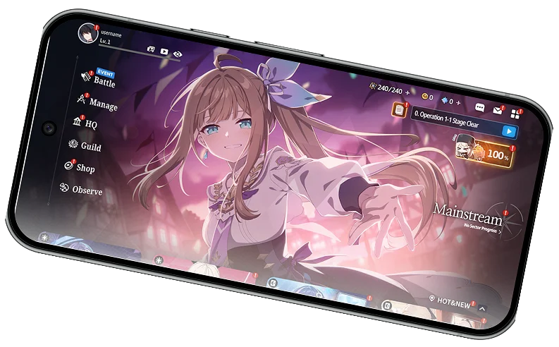 Ekran smartfona pokazujący główny interfejs mobilnej gry Star Savior z postacią kobiecą w stylu anime wyciągającą rękę w stronę widza, podczas gdy menu gry wyświetla opcje takie jak Obserwuj, Sklep, Gildia, HQ, Zarządzaj i Walka w górnej części ekranu.